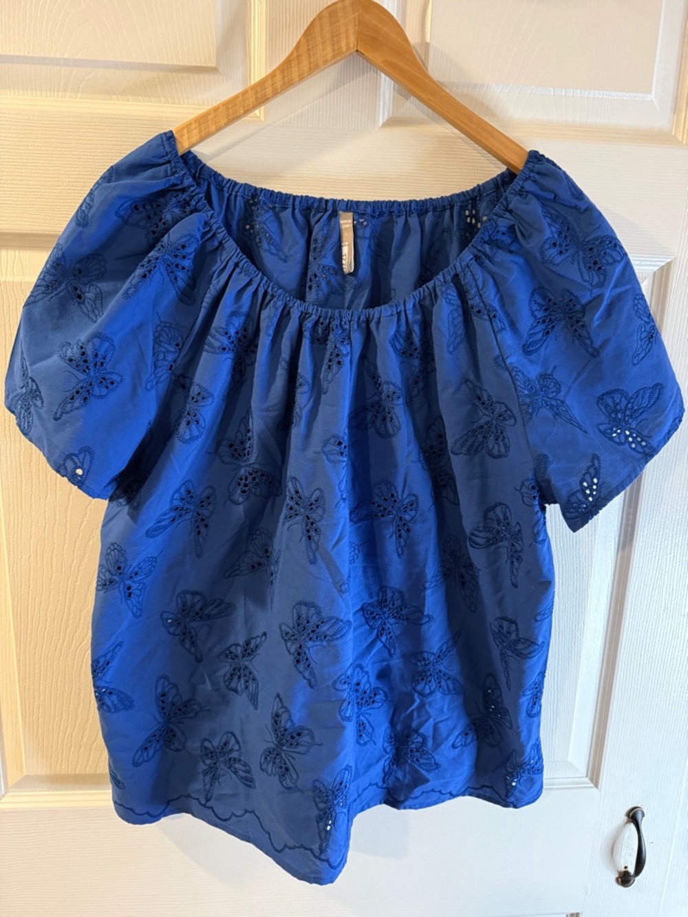 Blue Embroidered Butterfly Off-Shoulder Top